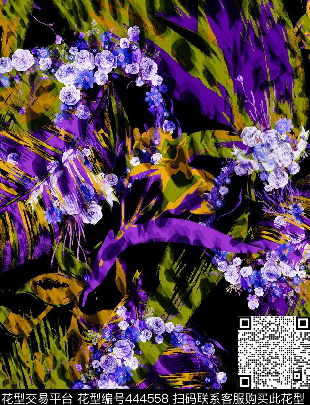 动物纹豹纹热带叶子花环数码印花华亿平台下载（图片编号: 444558） - 瓦栏（Walan）