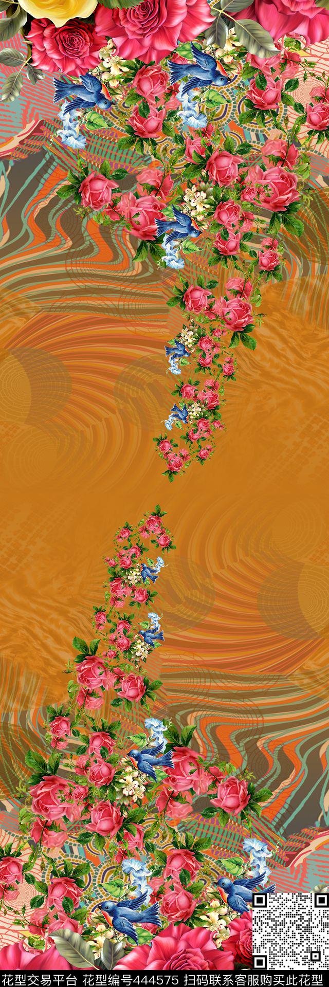 双边定位精致花卉鸟数码印花华亿平台下载（图片编号: 444575） - 瓦栏（Walan）