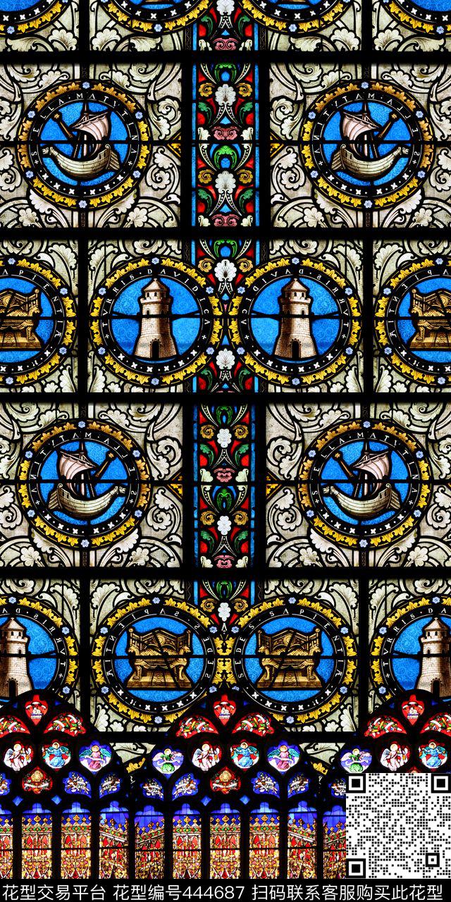 欧式教堂玻璃花纹数码印花华亿平台下载（图片编号: 444687） - 瓦栏（Walan）