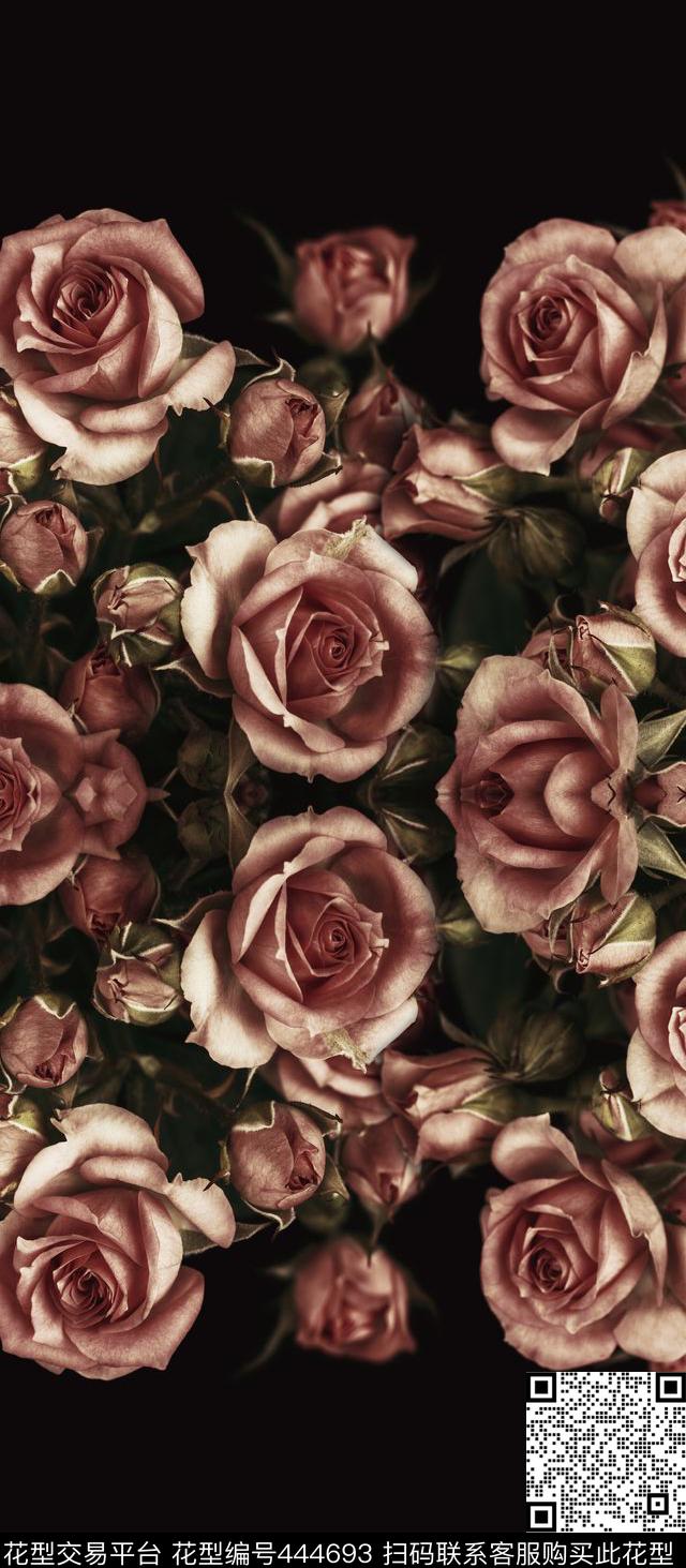 花卉定位复古漂亮玫瑰数码印花华亿平台下载（图片编号: 444693） - 瓦栏（Walan）