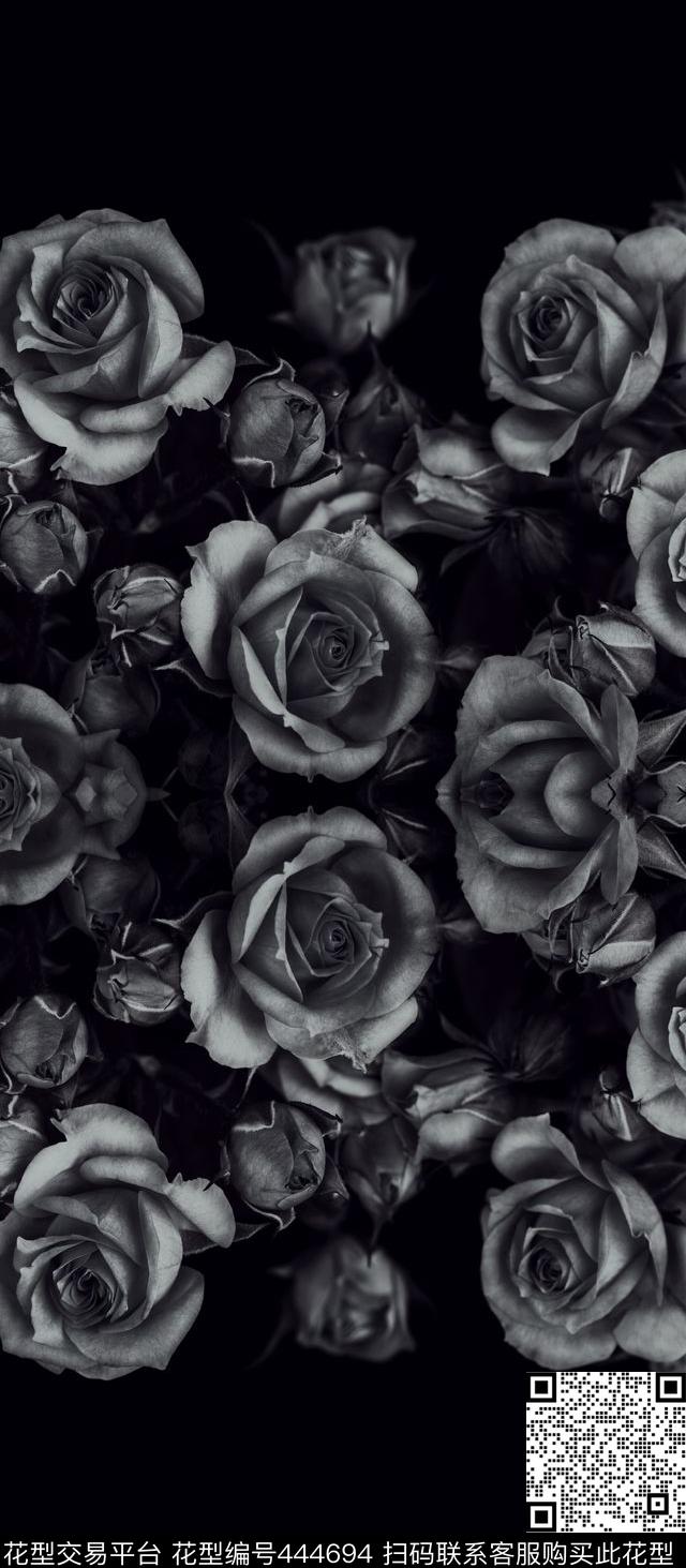花卉定位复古漂亮玫瑰数码印花华亿平台下载（图片编号: 444694） - 瓦栏（Walan）