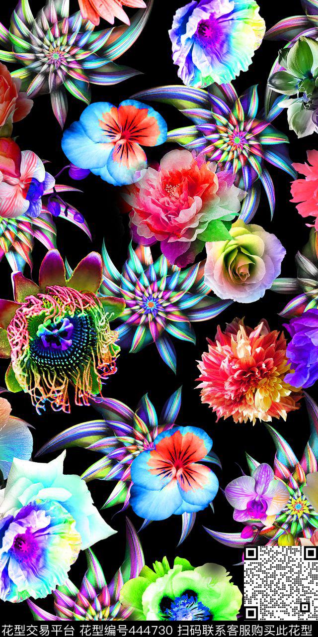大气绚丽抽象花卉流行时尚数码印花华亿平台下载（图片编号: 444730） - 瓦栏（Walan）