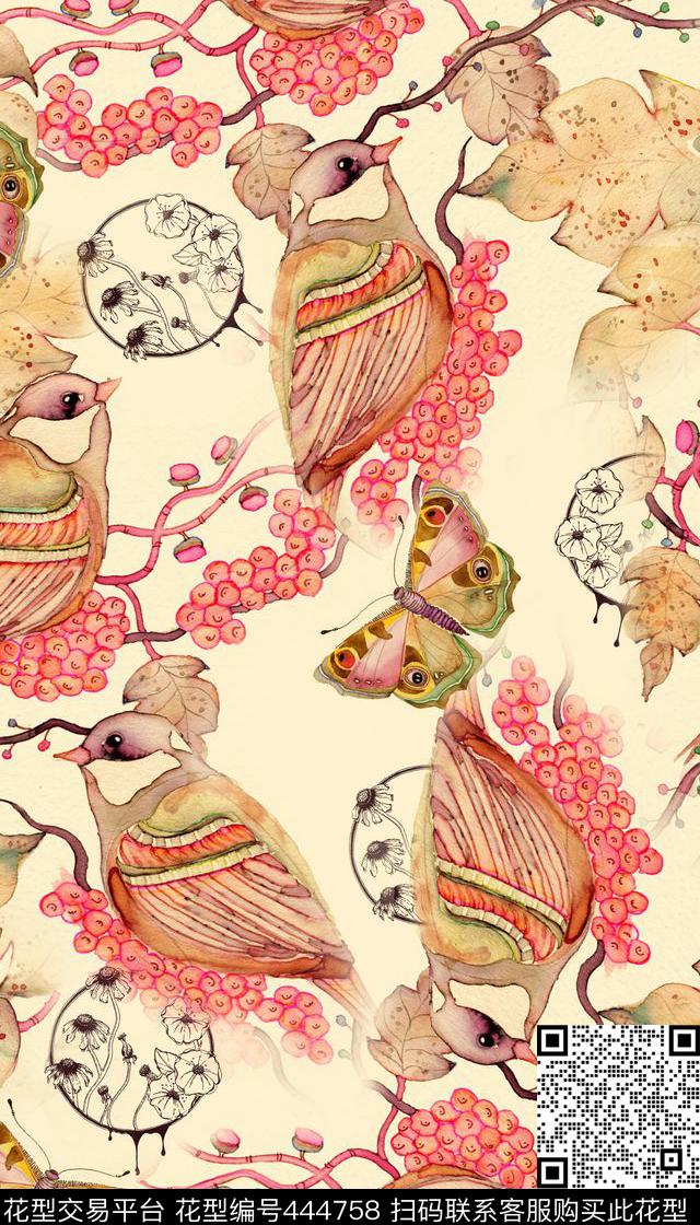 淡雅清新淡雅清新手绘花鸟组合服装传统印花华亿平台下载（图片编号: 444758） - 瓦栏（Walan）