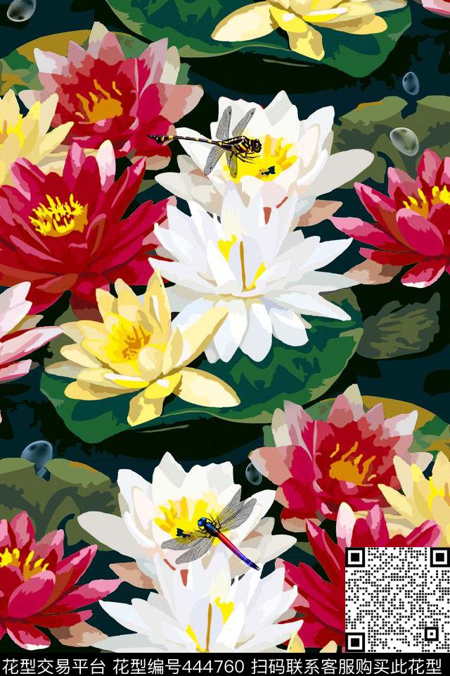 中国风手绘荷塘荷花传统印花华亿平台下载（图片编号: 444760） - 瓦栏（Walan）