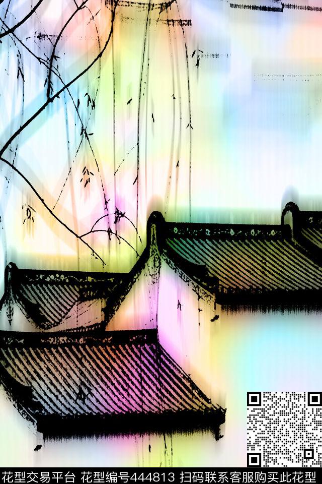 江南柳树中式建筑数码印花华亿平台下载（图片编号: 444813） - 瓦栏（Walan）