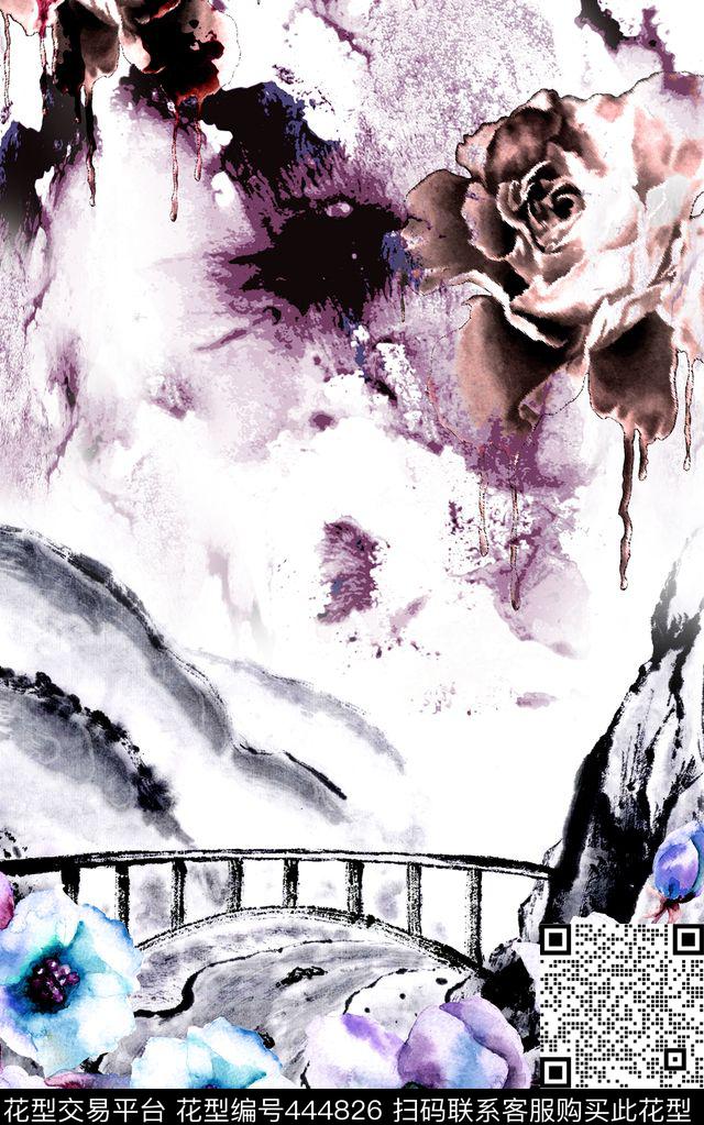抽象水墨画花卉数码印花华亿平台下载（图片编号: 444826） - 瓦栏（Walan）