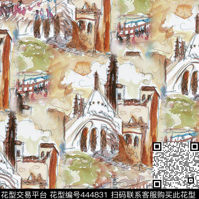 风景复古建筑数码印花华亿平台下载（图片编号: 444831） - 瓦栏（Walan）