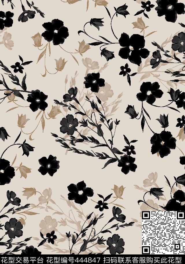 水墨风手绘花卉传统印花华亿平台下载（图片编号: 444847） - 瓦栏（Walan）