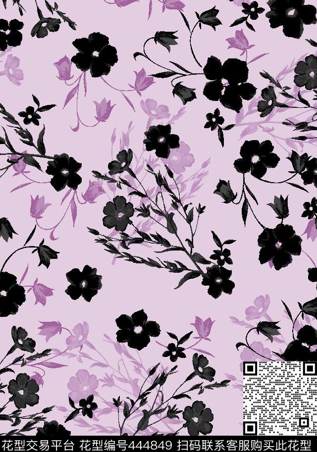 水墨风手绘花卉传统印花华亿平台下载（图片编号: 444849） - 瓦栏（Walan）