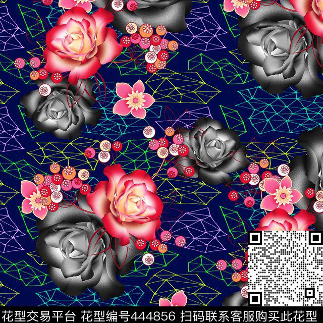 时尚春夏数码手绘玫瑰网型底纹数码印花华亿平台下载（图片编号: 444856） - 瓦栏（Walan）