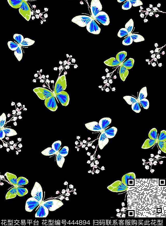 蝴蝶电脑手绘分色传统印花华亿平台下载（图片编号: 444894） - 瓦栏（Walan）