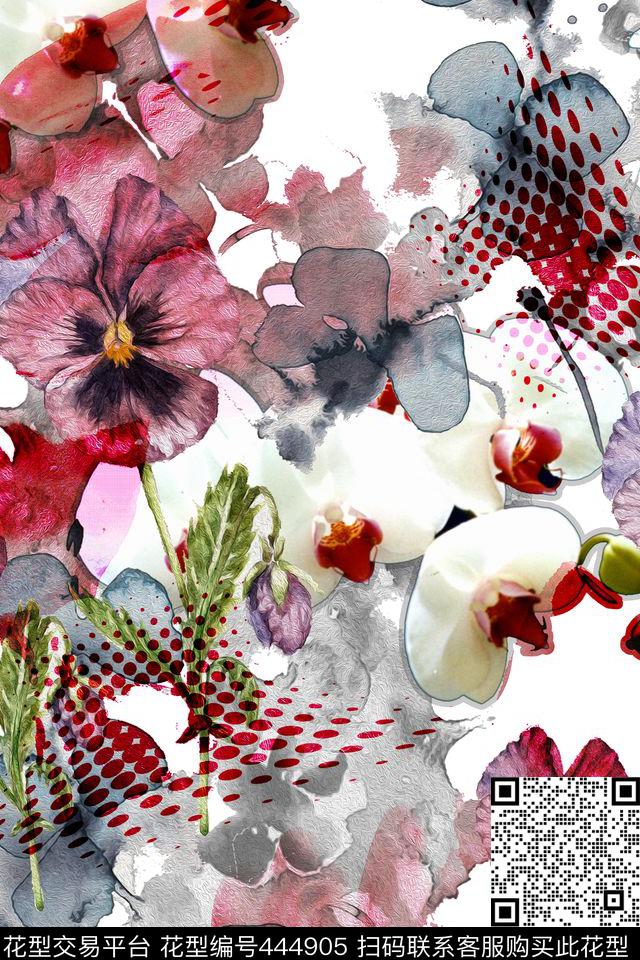 蝴蝶花手绘水墨数码印花华亿平台下载（图片编号: 444905） - 瓦栏（Walan）