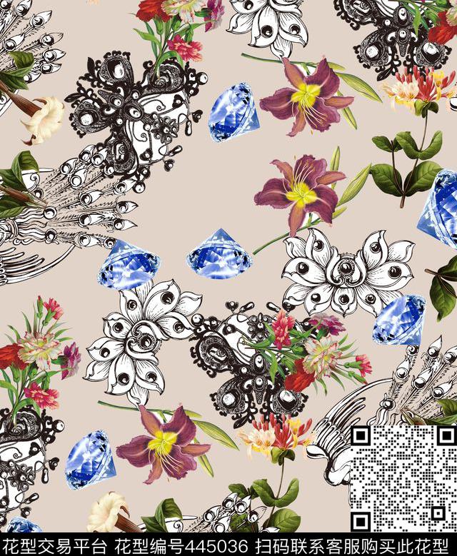 流行时尚钻石珠宝手绘数码印花华亿平台下载（图片编号: 445036） - 瓦栏（Walan）