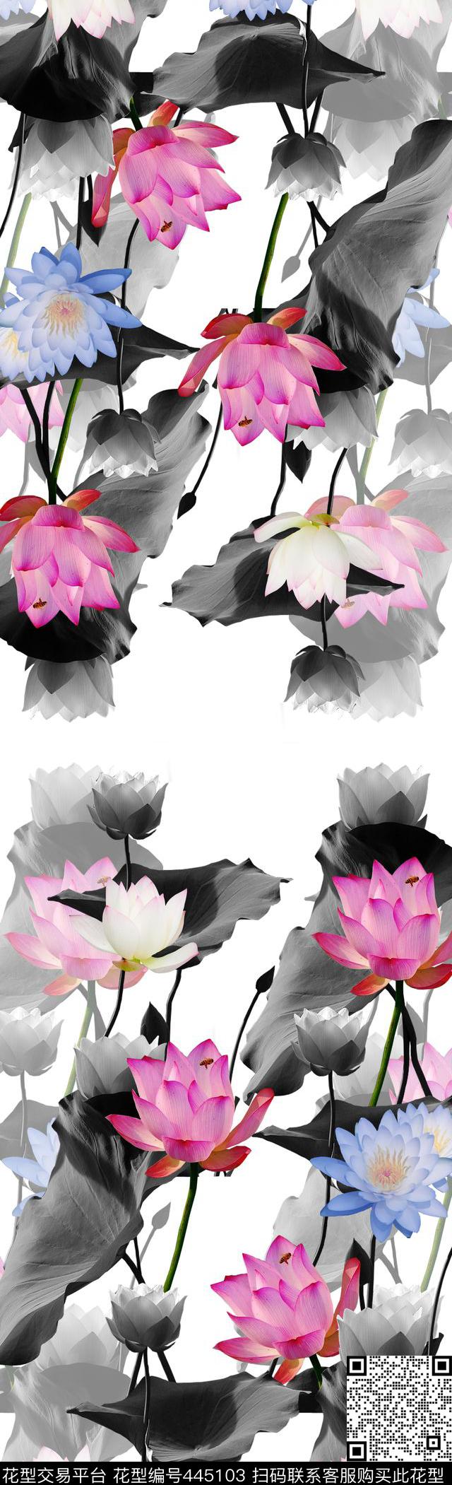 大牌水墨荷花荷叶数码印花华亿平台下载（图片编号: 445103） - 瓦栏（Walan）