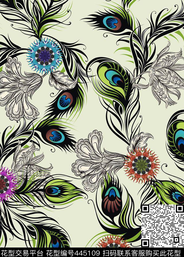 条纹尾羽矢量花传统印花华亿平台下载（图片编号: 445109） - 瓦栏（Walan）