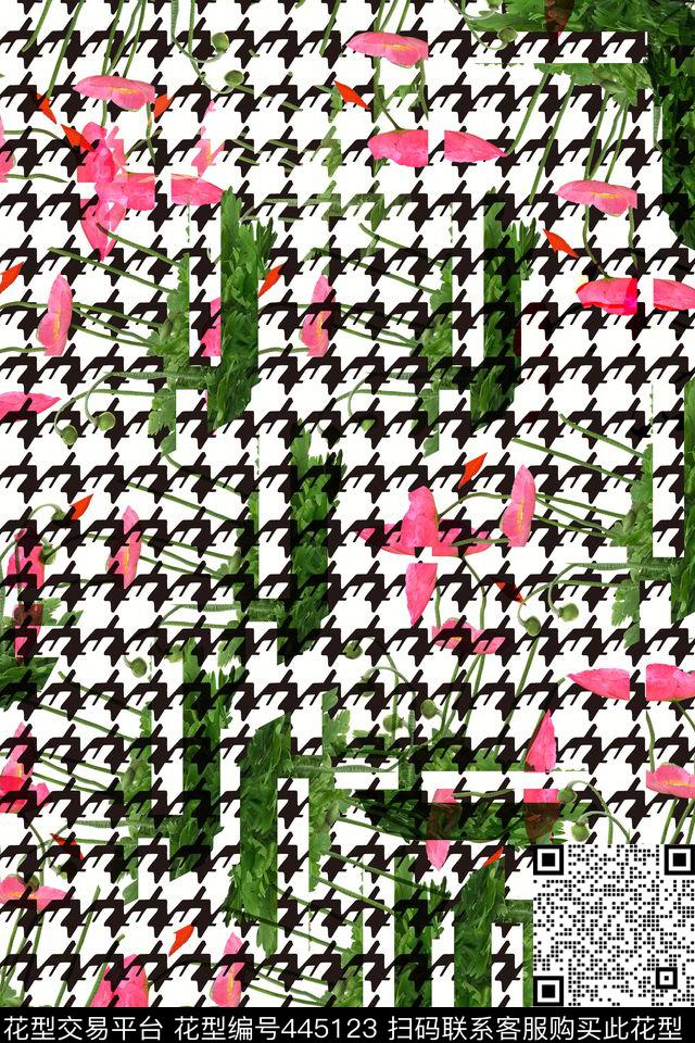 时尚千鸟纹残缺花卉数码印花华亿平台下载（图片编号: 445123） - 瓦栏（Walan）