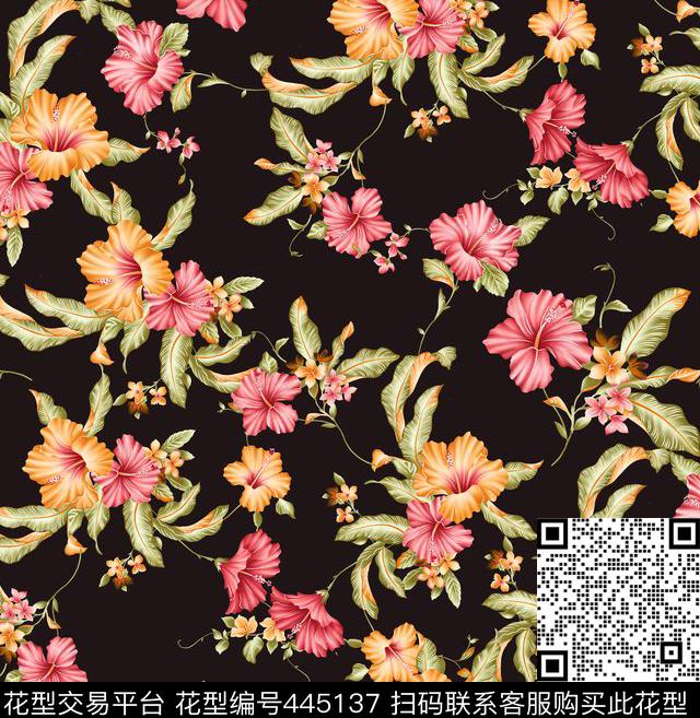 扶桑花花卉秋冬数码印花华亿平台下载（图片编号: 445137） - 瓦栏（Walan）