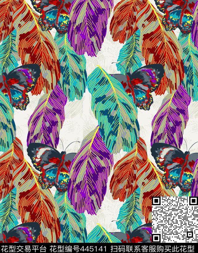 羽毛蝴蝶炫彩数码印花华亿平台下载（图片编号: 445141） - 瓦栏（Walan）