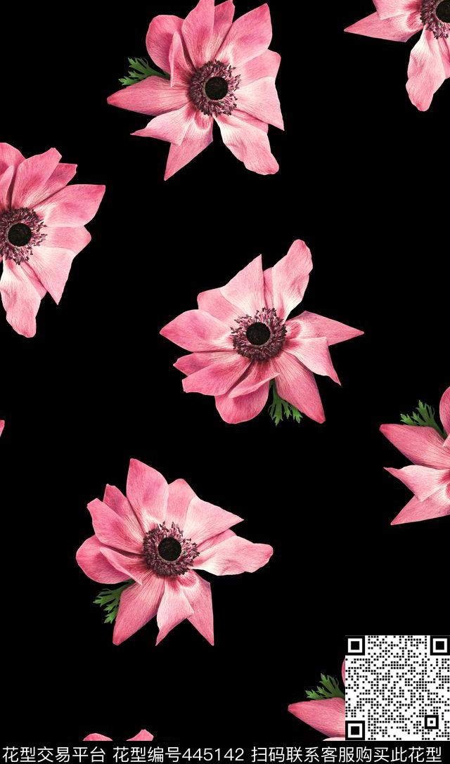 时尚大花花卉黑底数码印花华亿平台下载（图片编号: 445142） - 瓦栏（Walan）