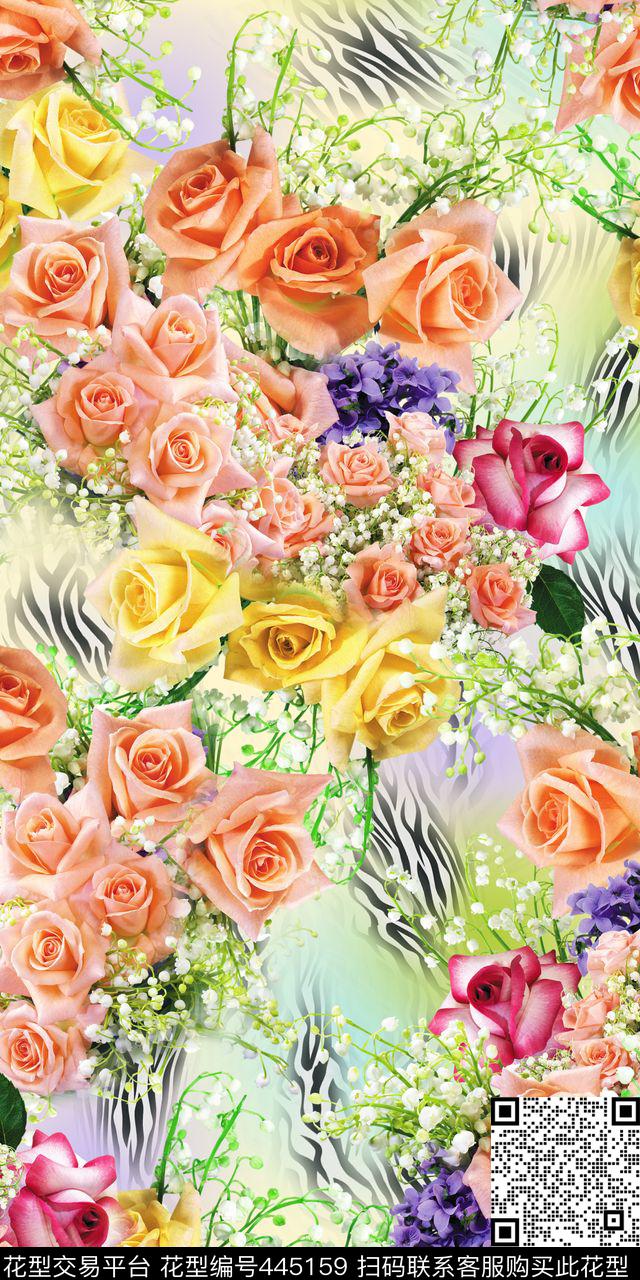 时尚缤纷花卉动物纹底纹数码印花华亿平台下载（图片编号: 445159） - 瓦栏（Walan）