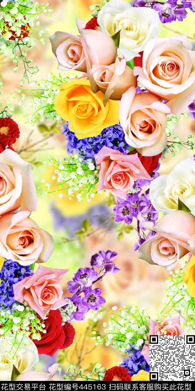 时尚亮丽花卉组合树枝数码印花华亿平台下载（图片编号: 445163） - 瓦栏（Walan）