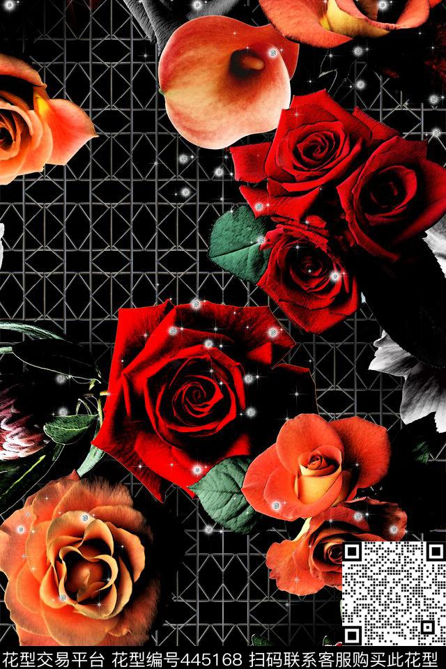 花卉几何底纹玫瑰花小钻石数码印花华亿平台下载（图片编号: 445168） - 瓦栏（Walan）