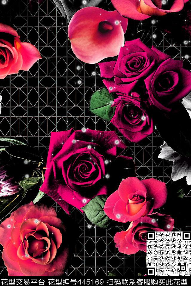 花卉几何底纹玫瑰花小钻石数码印花华亿平台下载（图片编号: 445169） - 瓦栏（Walan）