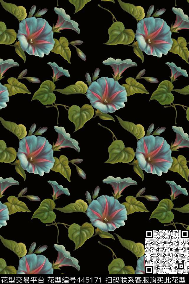 简约时尚小清新大绿叶牵牛花潮流数码印花华亿平台下载（图片编号: 445171） - 瓦栏（Walan）