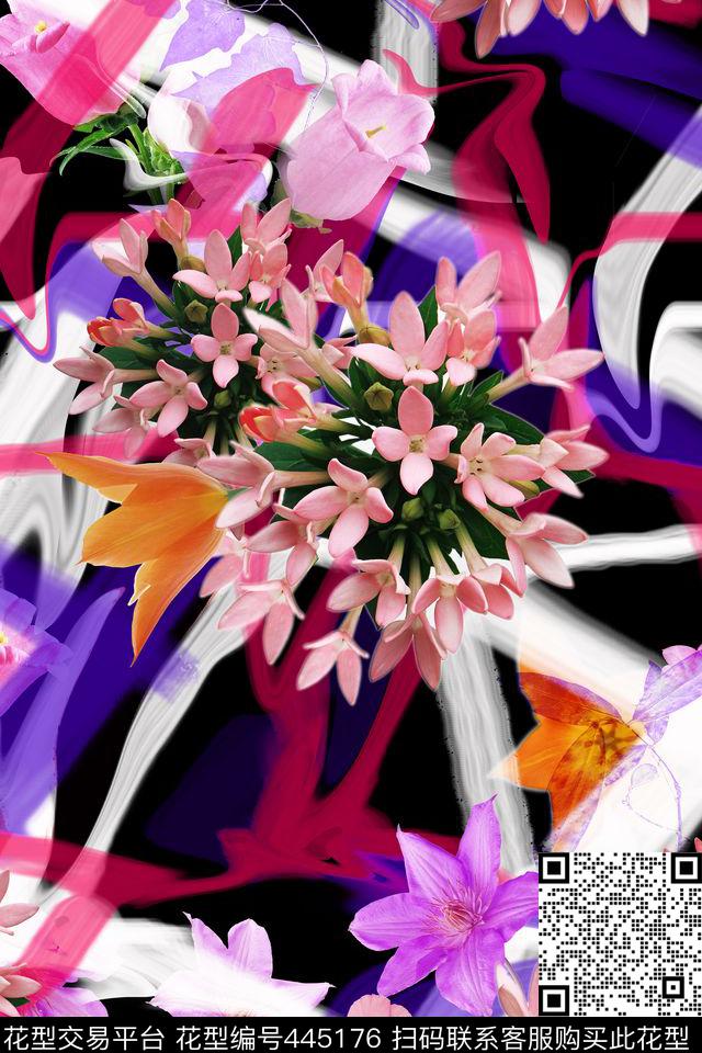 甜美清新丝带底纹花卉组合数码印花华亿平台下载（图片编号: 445176） - 瓦栏（Walan）