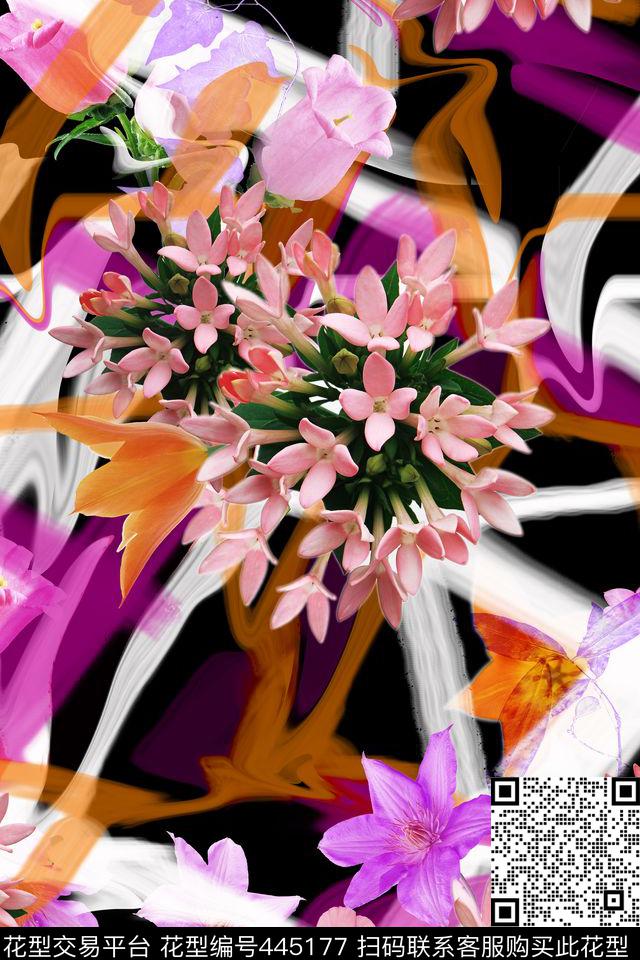 甜美清新丝带底纹花卉组合数码印花华亿平台下载（图片编号: 445177） - 瓦栏（Walan）