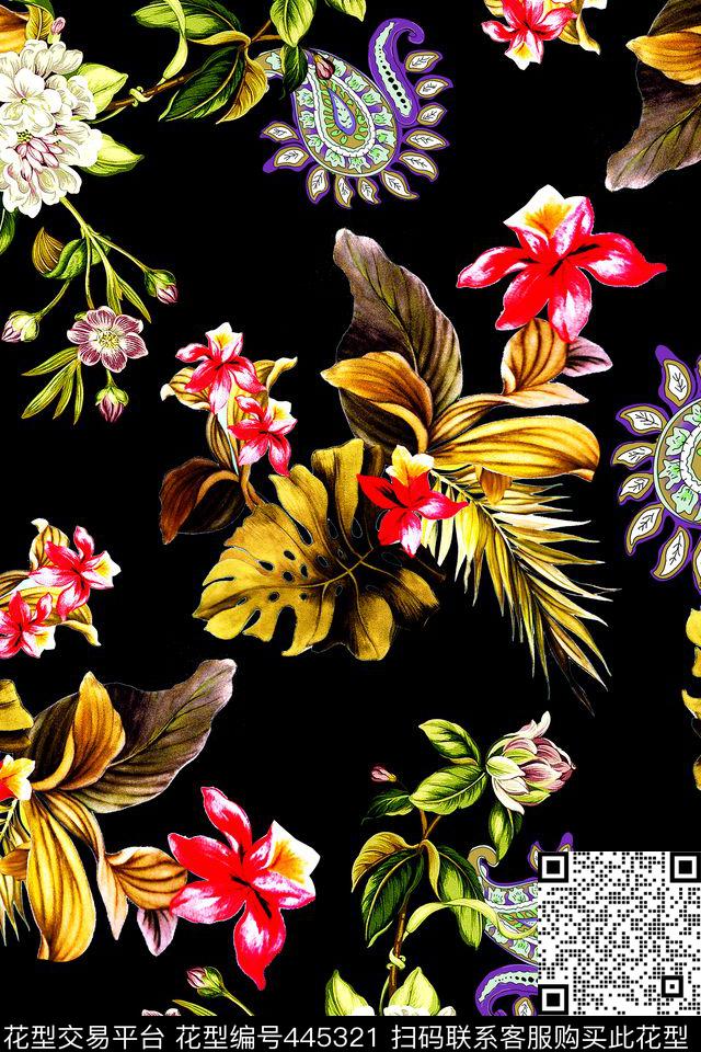 时尚花卉叶子数码印花华亿平台下载（图片编号: 445321） - 瓦栏（Walan）
