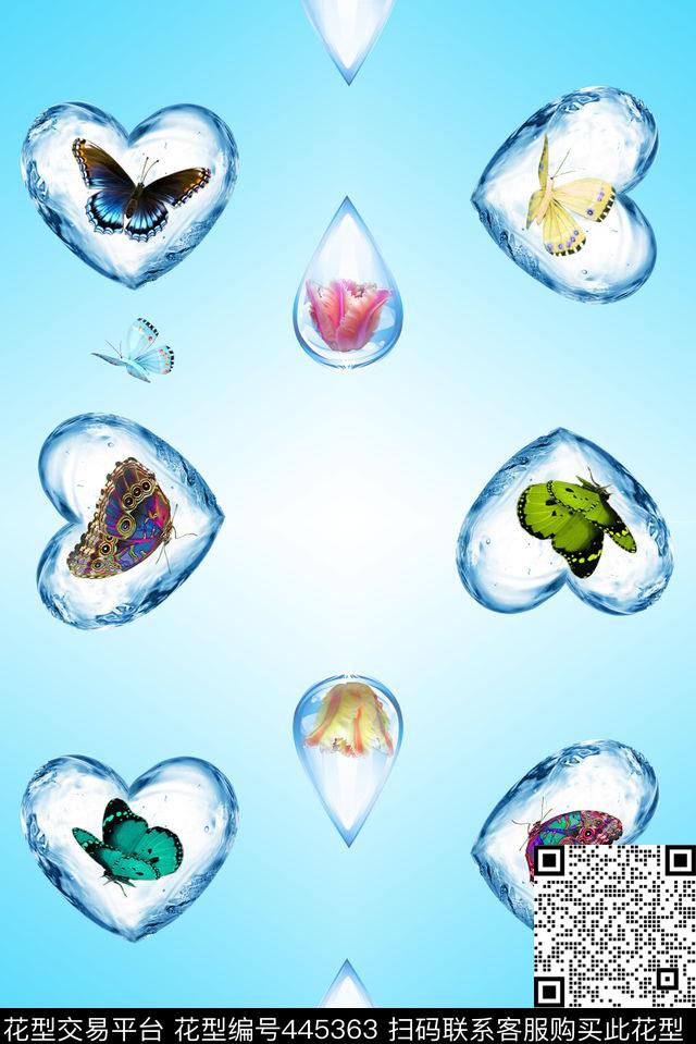 现代花卉水滴蝴蝶几何数码印花华亿平台下载（图片编号: 445363） - 瓦栏（Walan）