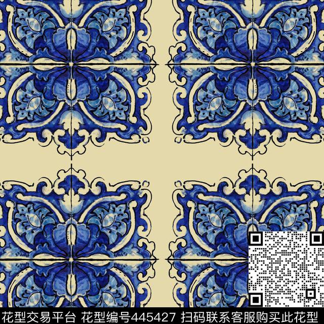 几何卷草纹手绘数码印花华亿平台下载（图片编号: 445427） - 瓦栏（Walan）