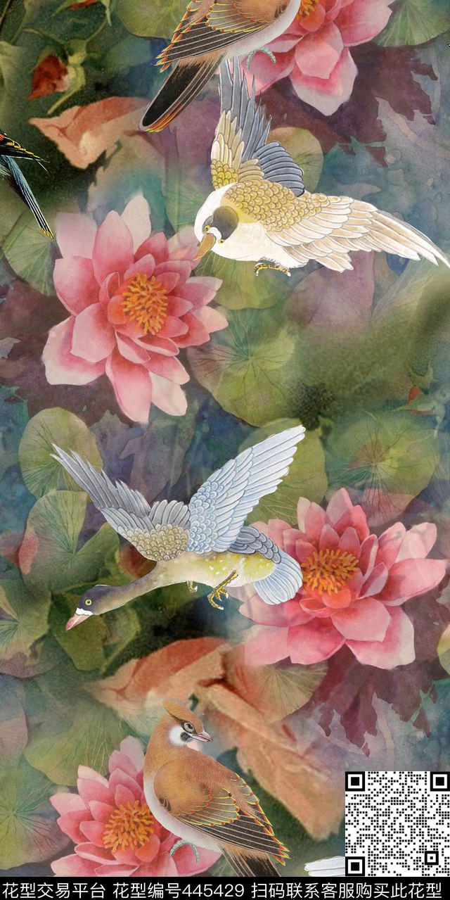 水彩工笔花鸟莲花数码印花华亿平台下载（图片编号: 445429） - 瓦栏（Walan）