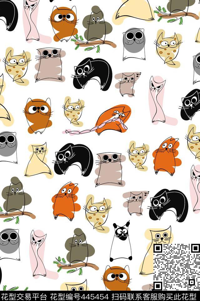 写意卡通猫咪传统印花华亿平台下载（图片编号: 445454） - 瓦栏（Walan）