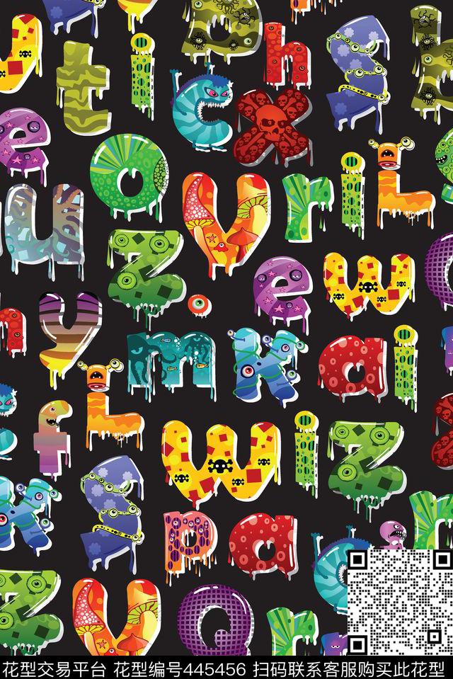 英文卡通字母传统印花华亿平台下载（图片编号: 445456） - 瓦栏（Walan）