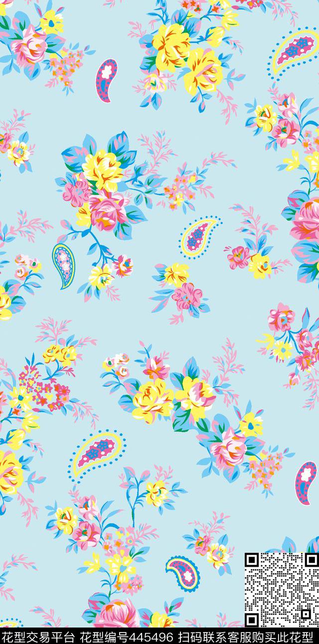 手绘蓝色腰果腰果小碎花流行时尚花卉传统印花华亿平台下载（图片编号: 445496） - 瓦栏（Walan）