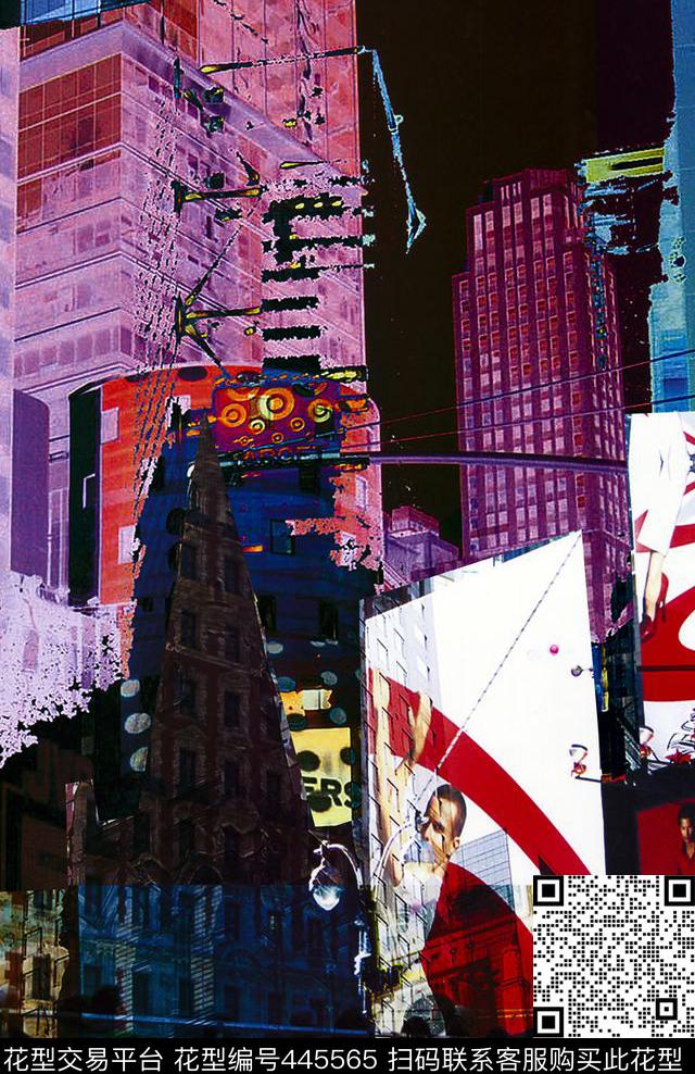 潮流抽象城市建筑大胆撞色数码印花华亿平台下载（图片编号: 445565） - 瓦栏（Walan）
