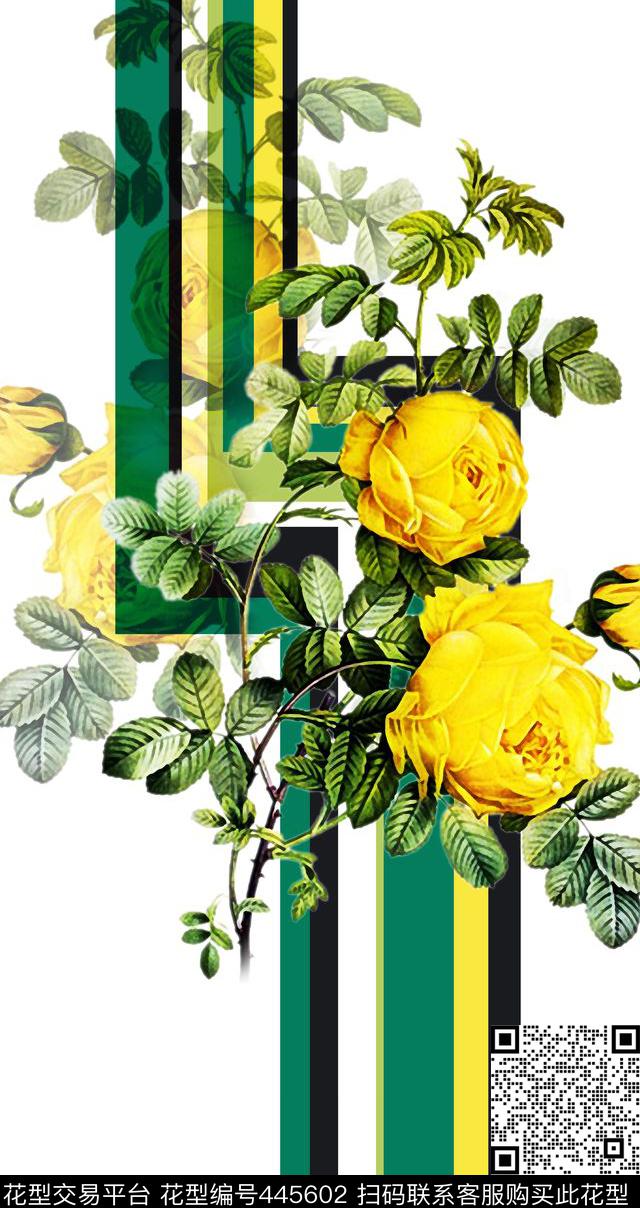 甜美清新写实花卉黄玫瑰定位花数码印花华亿平台下载（图片编号: 445602） - 瓦栏（Walan）