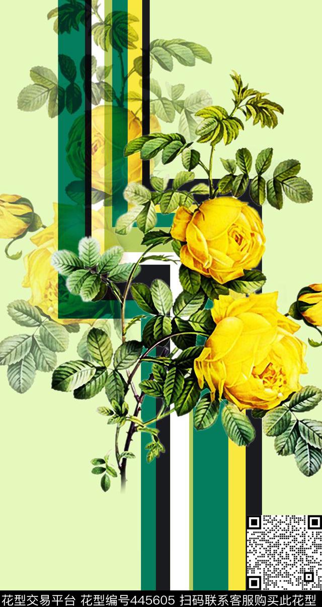 甜美清新几何框写实花卉黄玫瑰数码印花华亿平台下载（图片编号: 445605） - 瓦栏（Walan）