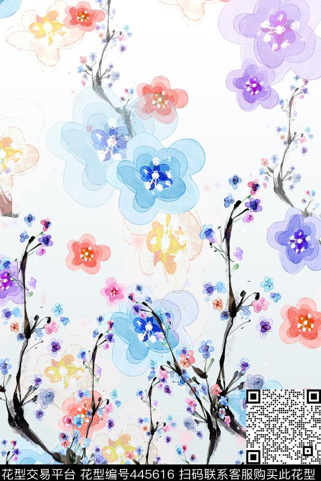 树花水墨数码印花华亿平台下载（图片编号: 445616） - 瓦栏（Walan）