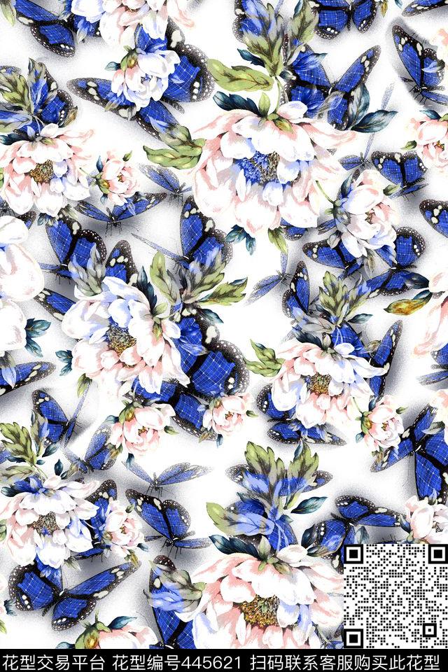 米白色大花蓝色蝴蝶潮流女装数码印花华亿平台下载（图片编号: 445621） - 瓦栏（Walan）