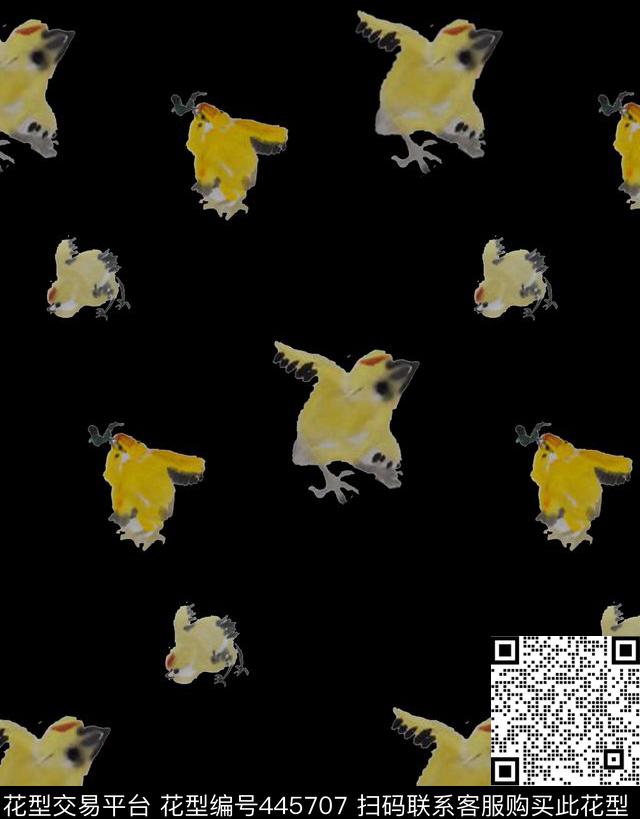 水墨手绘小鸡数码印花华亿平台下载（图片编号: 445707） - 瓦栏（Walan）