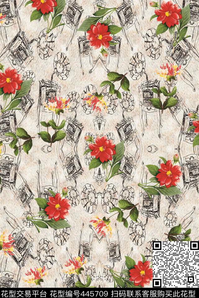 抽象复古简笔数码印花华亿平台下载（图片编号: 445709） - 瓦栏（Walan）