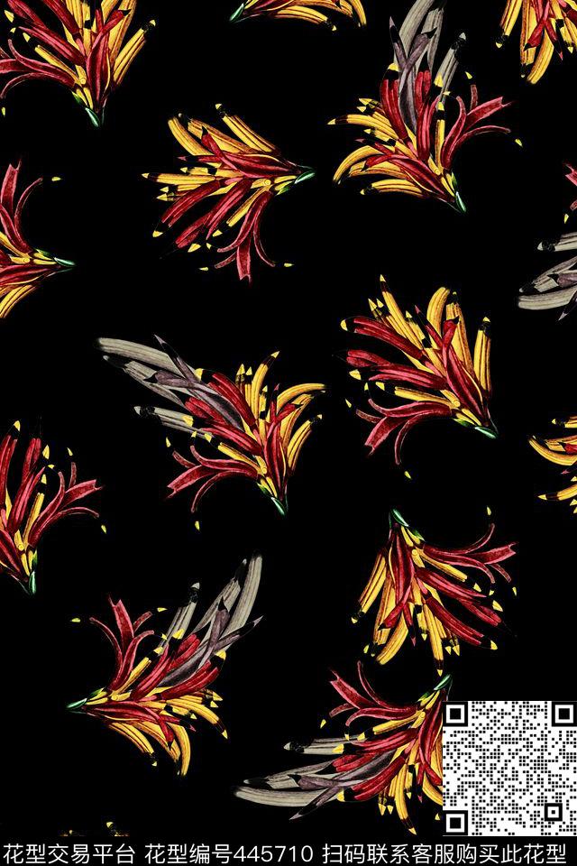 热带植物花黑底秋冬款数码印花华亿平台下载（图片编号: 445710） - 瓦栏（Walan）