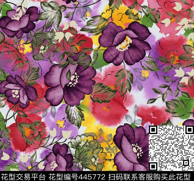 时尚鲜艳水彩花卉数码印花华亿平台下载（图片编号: 445772） - 瓦栏（Walan）