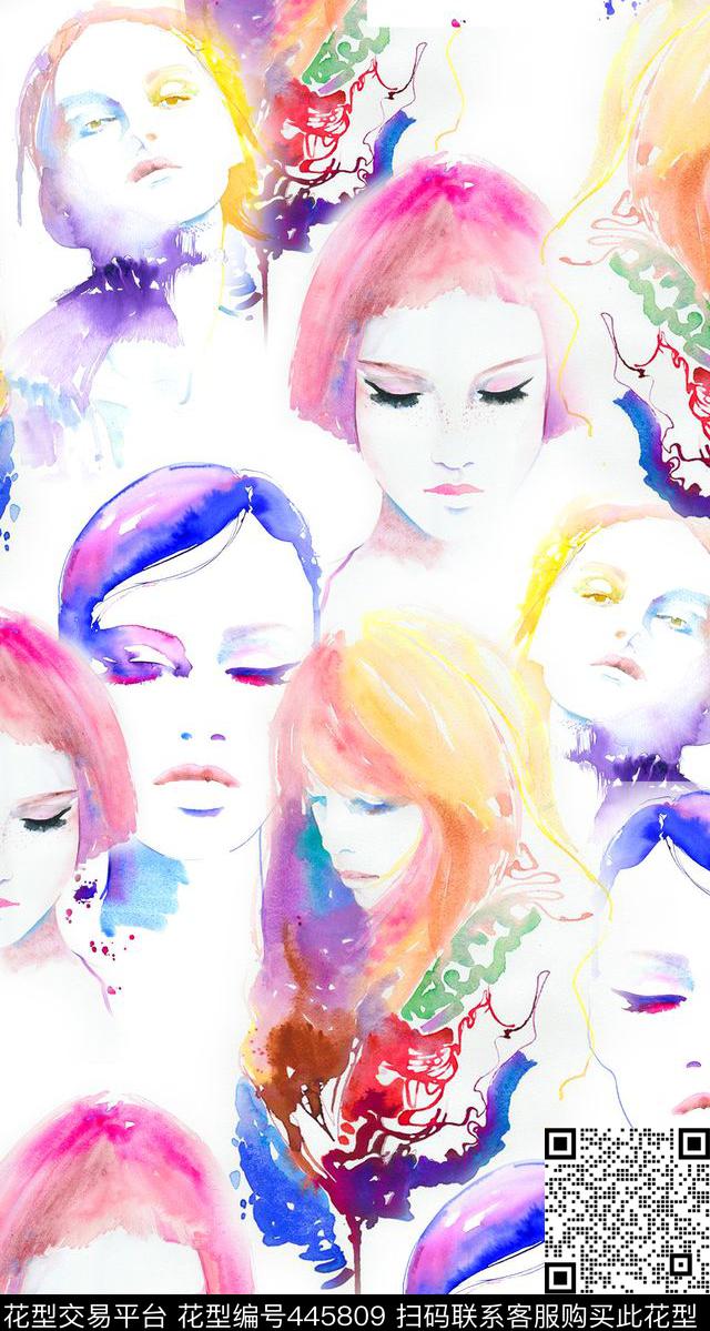 水彩人物清新数码印花华亿平台下载（图片编号: 445809） - 瓦栏（Walan）