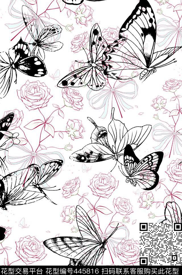 单色蝴蝶流行时尚玫瑰花束传统印花华亿平台下载（图片编号: 445816） - 瓦栏（Walan）