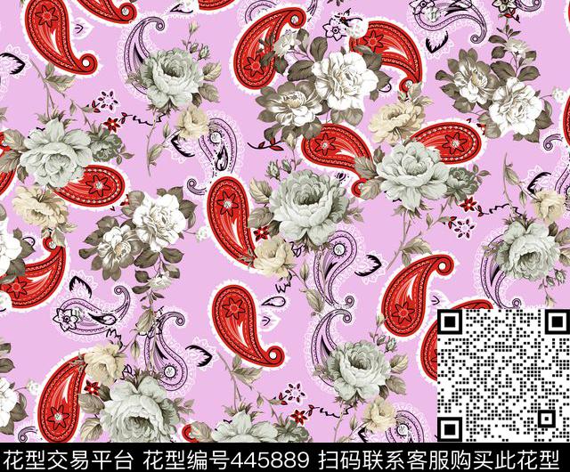 清新优雅花卉腰果花数码印花华亿平台下载（图片编号: 445889） - 瓦栏（Walan）