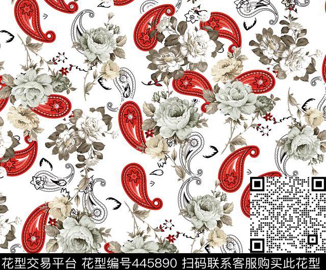 清新优雅花卉腰果花数码印花华亿平台下载（图片编号: 445890） - 瓦栏（Walan）